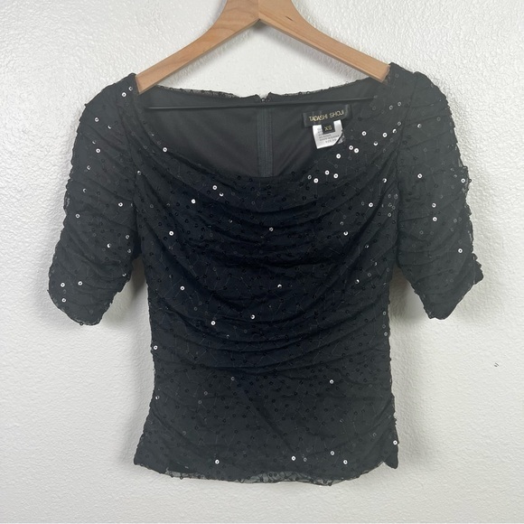Tadashi Shoji | Tops | Tadashi Shoji Black Sequin Sheer Wide Neck ...